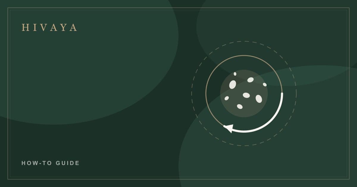 Illustration of circular scrubbing motion with scattered coffee grounds, in Hivaya brand colours