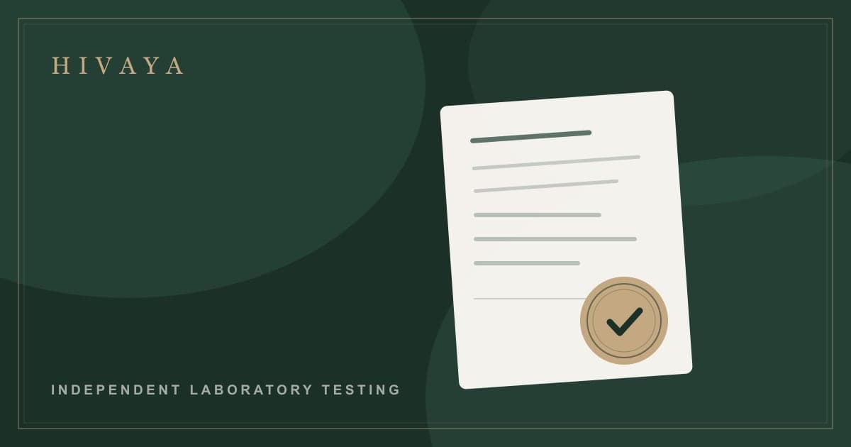 Illustration of a laboratory test certificate with an official seal, in Hivaya brand colours