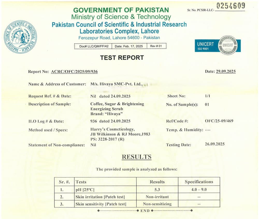 PCSIR test report ACRC/OFC/2025/09/936 issued by the Government of Pakistan for the Hivaya Coffee Body Scrub, showing pH 5.3, non-irritant and non-sensitizing results