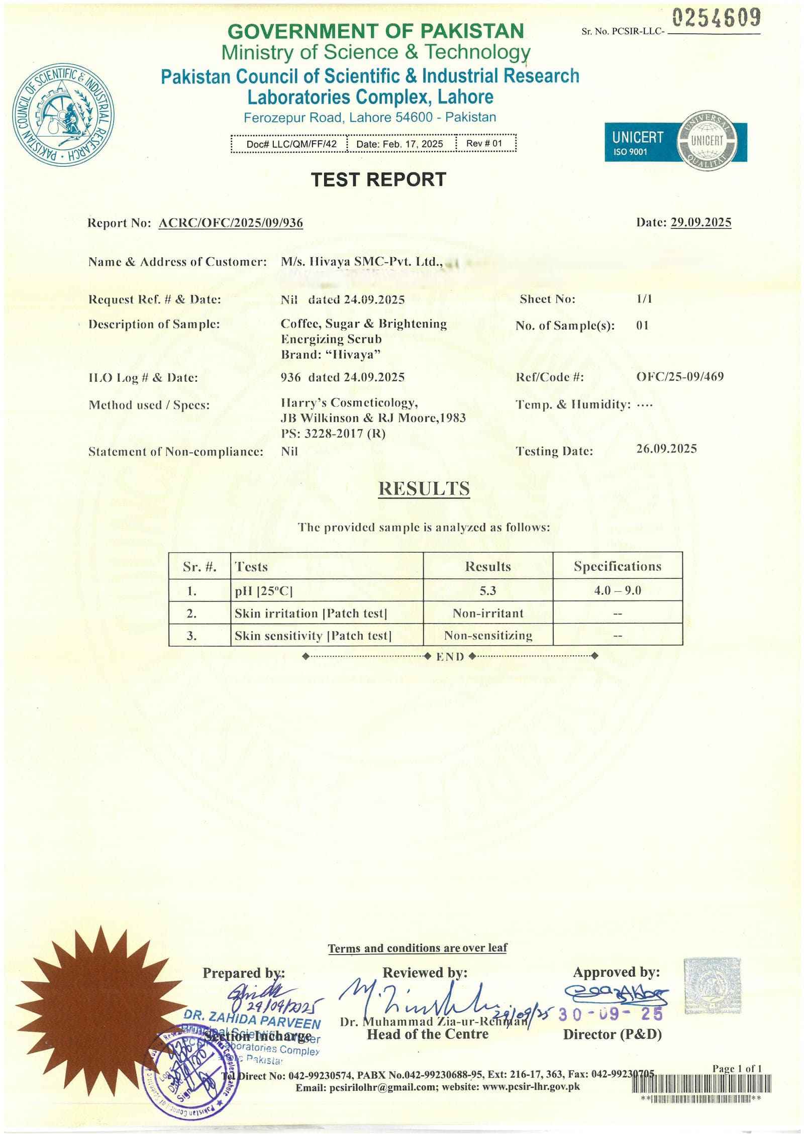 PCSIR test report ACRC/OFC/2025/09/936 for Hivaya Coffee, Sugar & Brightening Energizing Scrub, showing pH 5.3, non-irritant and non-sensitizing patch test results